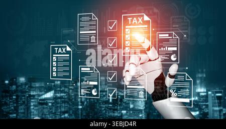 An AI assistant automates the tax compliance workflow. The system audits and verifies financial documents against government regulations to ensure Stock Photo