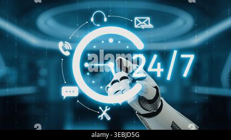 A robotic hand interacts with a glowing digital clock symbolizing 24-7 availability, showcasing modern efficiency and technology in communication and Stock Photo