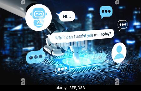 A digital scene featuring a robotic hand interacting with chat bubbles, showcasing AI communication in a futuristic city setting. Perfect for tech Stock Photo