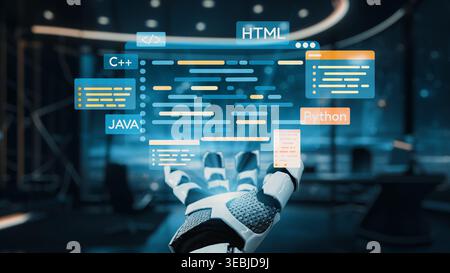 A futuristic robot hand emerges in a sleek digital environment, showcasing various programming languages like and through vibrant code syntax. Auvana Stock Photo
