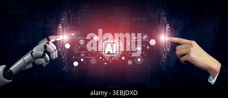 Human and Machine Interaction Representing Artificial Intelligence Concepts in a Futuristic Digital World with Sparks of Connection and Technology Stock Photo