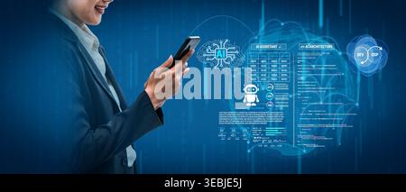 Businessperson Engaging with Mobile Technology While Analyzing Artificial Intelligence Data and Insights in a Digital Environment Fluxor. Stock Photo