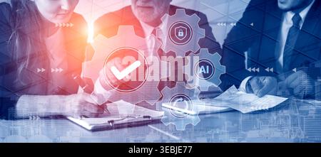 Business Team Collaborating on Modern Technology Solutions with Gear Icons Representing Innovation, AI, Automation, and Progress in the Workplace Stock Photo