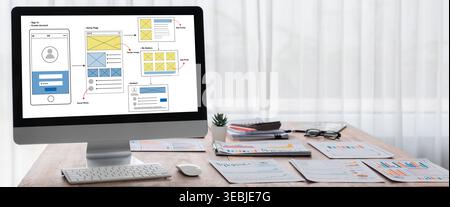 UX UI design process for brisk mobile application and website . Creative prototype of wireframe for professional app developer . Stock Photo