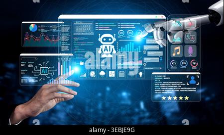 Modern Digital Technology Concept with Artificial Intelligence Interface and Data Visualization in Futuristic Environment Fluxor. Stock Photo