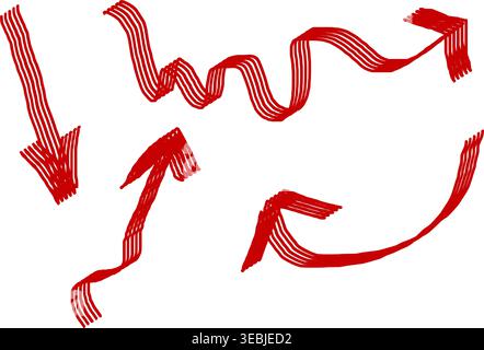 Red Hand Drawn Arrow Set Isolated on Black Background.Red Doodle Arrows for Navigation Design Stock Photo