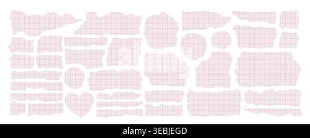 Set of torn paper pieces with soft pink grid pattern, ripped edges, scrapbook elements, realistic texture, isolated on white background. Perfect for collage, journaling, planners, stickers, design Stock Vector