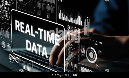 Real-Time Data Visualization and Analysis in Digital Technology Environment with Hands on Keyboard. Asymptotic smart data analytic. Stock Photo
