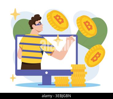 Cryptocurrency theft concept. Masked man on computer screen near gold coins. Thief steals Bitcoins. Digital money and blockchain technology. Flat Stock Vector