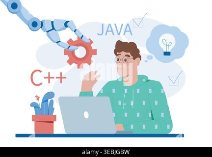 AI technologies help in work. Robotic hand and man work on common project. Artificial intelligence and machine learning. Workflow automation. Flat Stock Vector