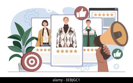 Customer survey feedback. Hand holding loudspeaker near user profiles with ratings. Ranking and rating on internet. Clients opinions online. Quality Stock Vector