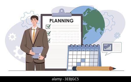 Businessman planning concept. Man with briefcase next to calendar and pencil. Planning and scheduling, time management. Business organization. Flat Stock Vector