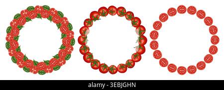 Tomato circle frame set vector food illustration. Hand drawn wreath with red cherry tomatoes and green basil leaves. Fresh organic ingredient for restaurant menu design. Perfect for product packaging. Stock Vector