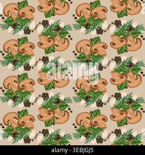 Mushroom slice with garlic vector seamless pattern. Hand drawn black pepper and basil on brown background. Farm vegetable for restaurant design. Natural print for kitchen fabric and product packaging. Stock Vector