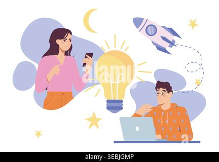 Team brainstorming concept. Man and woman near light bulb. People working on startup or business project. Collaboration and cooperation, partnership Stock Vector