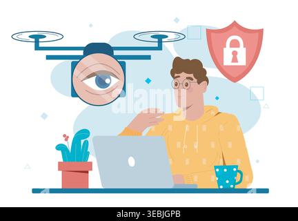 Man under surveillance. Young guy with laptop sits under camera. CCTV at workplace for monitoring. Pressure on employee and violation of civil rights Stock Vector