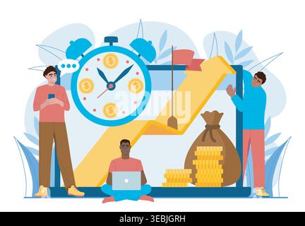 Financial increase concept. Men near rising arrow and coins. Financial literacy and passive income. Business project, start up or investment. Flat Stock Vector
