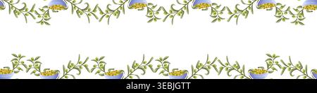 A seamless border made of olive branches with bowls Stock Vector