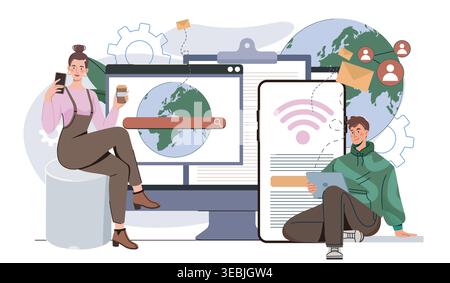 International internet day. Man and woman near smartphone and computer. Wireless connection. Modern technologies and innovations. Users in cyberspace Stock Vector