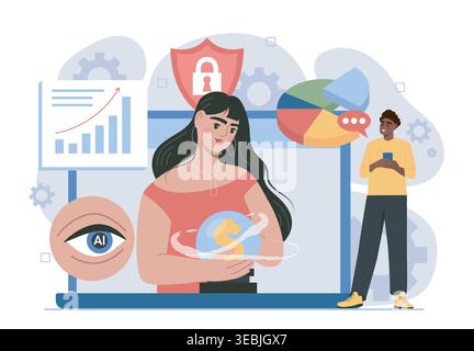 People with AI. Man and woman working with artificial intelligence. Modern technologies and innovations. Teamwork and partnership. Organizing Stock Vector