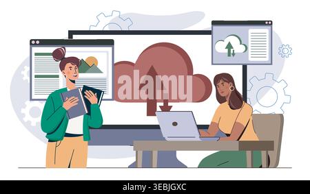 Team working remotely. Man and woman with laptop near cloud service. Freelancers and remote employees work on common project. Electronic storage or Stock Vector