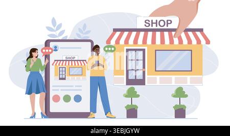 Online shop concept. Woman and man holding smartphones near store building. Shopping on internet. Retail, business and marketing. Cashless payment Stock Vector
