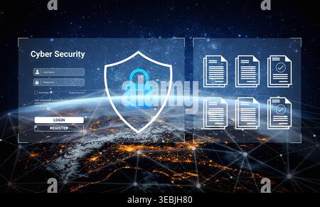 A digital illustration showcasing cybersecurity concepts with a shield icon, user interface elements, and glowing global connections representing Stock Photo