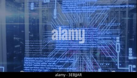 Displaying centered translucent network schematic over server racks, showing monospaced code traces Stock Photo