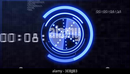 Displaying glowing concentric circular interface rotating on virtual HUD, with countdown numerals Stock Photo