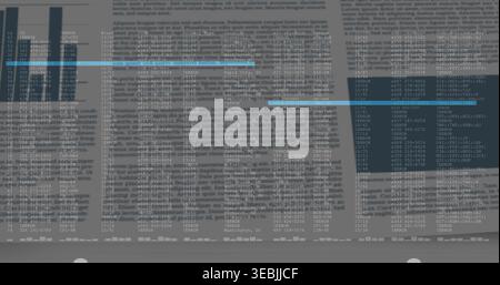 Displaying block of tabular data filling screen, showing text columns, dark blocks, cyan bars Stock Photo