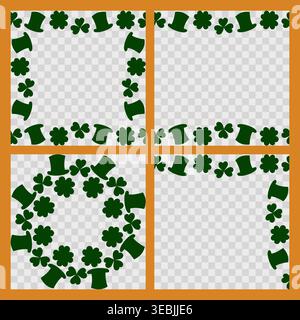 St Patrick Day Square Top and Bottom Corner and Circle Frames of traditional symbols Hat and clover. Minimal Flat Design Set. Vector illustration Greetings Promo or print materials Copy space Template Stock Vector