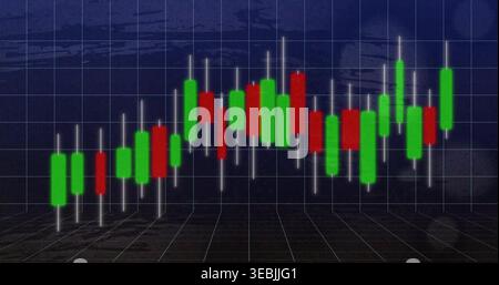 Displaying candlestick bars rising and falling on navy backdrop with white wicks and floor grid Stock Photo