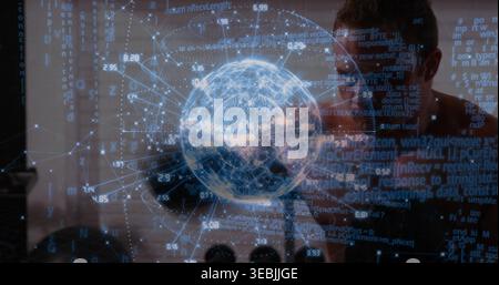 Viewing developer wearing dark crew-neck shirt examining 3D globe at tech lab, with code overlays Stock Photo