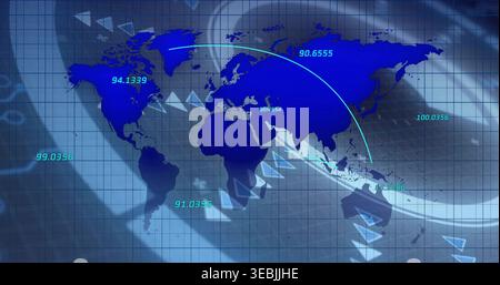 Displaying blue world map showing curved arc, arrow markers, numeric labels on grid dashboard Stock Photo