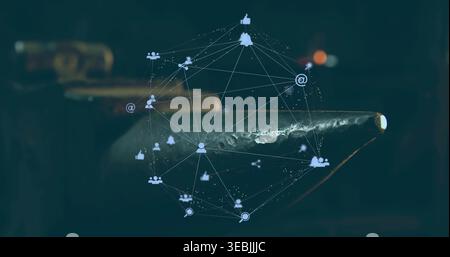 Floating hologram network glowing above metal rod on bench, displaying user and search icons Stock Photo