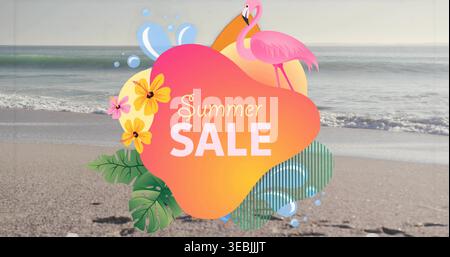 Dominating Summer SALE badge sitting on sand at beach, featuring flamingo, flowers, monstera, waves Stock Photo