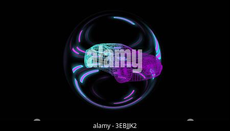 Floating wireframe car model rotating inside glowing sphere in dark studio, with cyan magenta bands Stock Photo