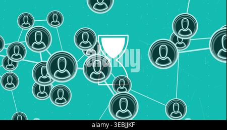 Displaying avatar node cluster glowing with connecting lines on teal background, white hourglass Stock Photo