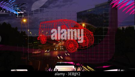 Floating red wireframe van hovering above multilane road at night, showing translucent grid overlay Stock Photo