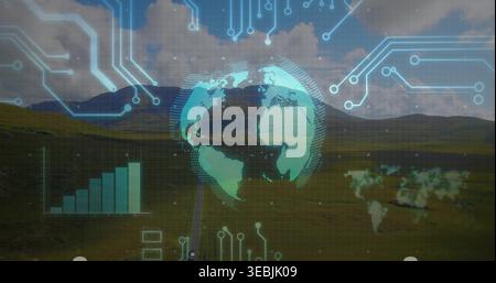 Hovering holographic globe over rural plain with narrow road, showing grid and circuit traces Stock Photo