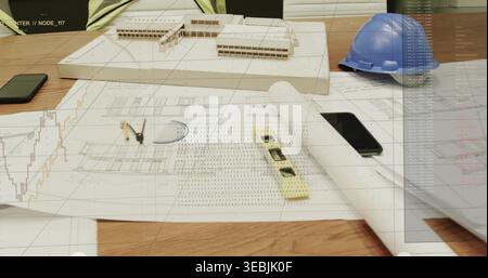 Displaying architectural work area covering design office table, with scale model, blueprints level Stock Photo