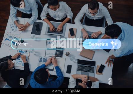 Diverse professionals engage in a collaborative meeting in a contemporary office as they discuss strategies, analyze data, and share insights around a Stock Photo