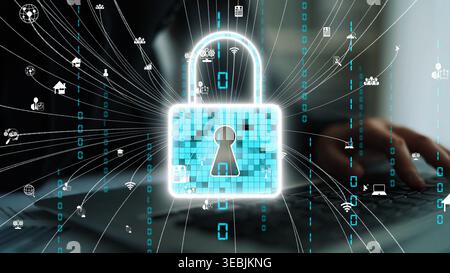 This image depicts a digital padlock symbolizing security and protection of data, with visual connections illustrating online safety in modern Stock Photo