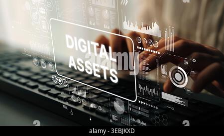Business Concept Digital Assets and Technology Integration with Keyboard and Data Visualization Background. Asymptotic smart data analytic. Stock Photo