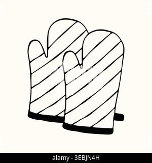 A pair of striped oven mitts is shown in a simple hand drawn doodle style. These protective kitchen gloves are ideal for culinary blog illustrations Stock Vector