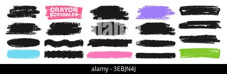 Crayon chalk background set hand drawn strokes, scribbles spots. Rough pencil brush textures and abstract shapes. Grunge edges, playful children sketch style dynamic drawn box banner for text Stock Vector