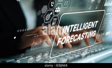 Business professional analyzing data trends with intelligent forecasting technology in a modern workspace. Asymptotic smart data analytic. Stock Photo