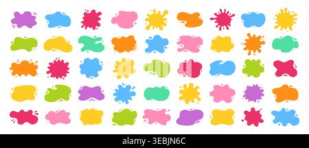 Paint splatters, soft spills, drips decorative abstract shapes, liquid banners. Liquid shapes and frames with uneven wavy edges set. Fluid puddles, splashes, drops, blobs and stains organic forms Stock Vector