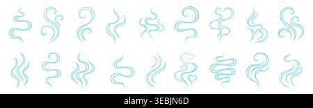 Steam and swirl smoke icon set hand drawn doodle comic set. Flowing swirls curved lines representing aroma waves comic scent. Minimal linear symbols soft abstract vapor shapes and dynamic air fluid Stock Vector
