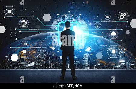 Businessman Contemplating Futuristic Digital World with Data Analytics and Technology Concepts in a Modern Urban Landscape Fluxor. Stock Photo